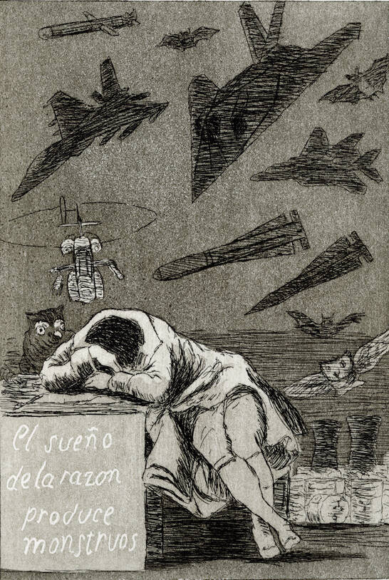 Black and white print of a woman with her hands covering her head as she lays on a desk with various planes behind her.